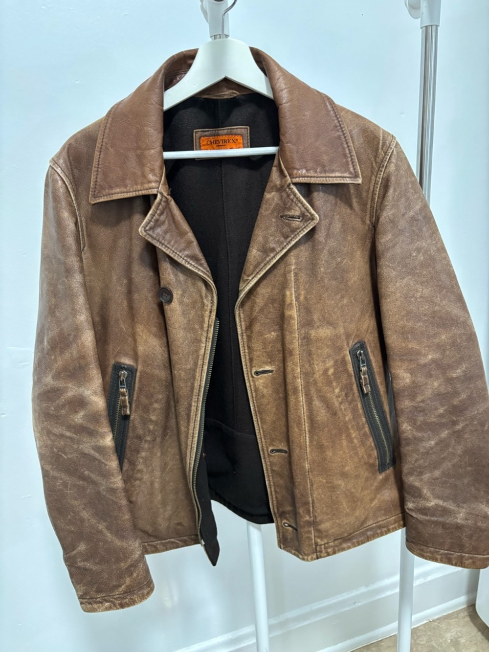 Chevirex Brown Leather Jacket Button Zipper Pockets Men's Size Medium